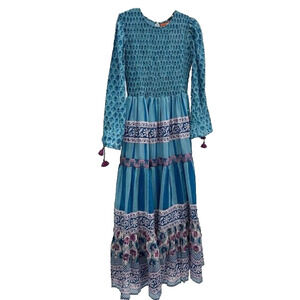 Oliphant Maxi Dress Smocked Top Balloon Sleeves Tasseled Fern Blue Size XS‎ NWT